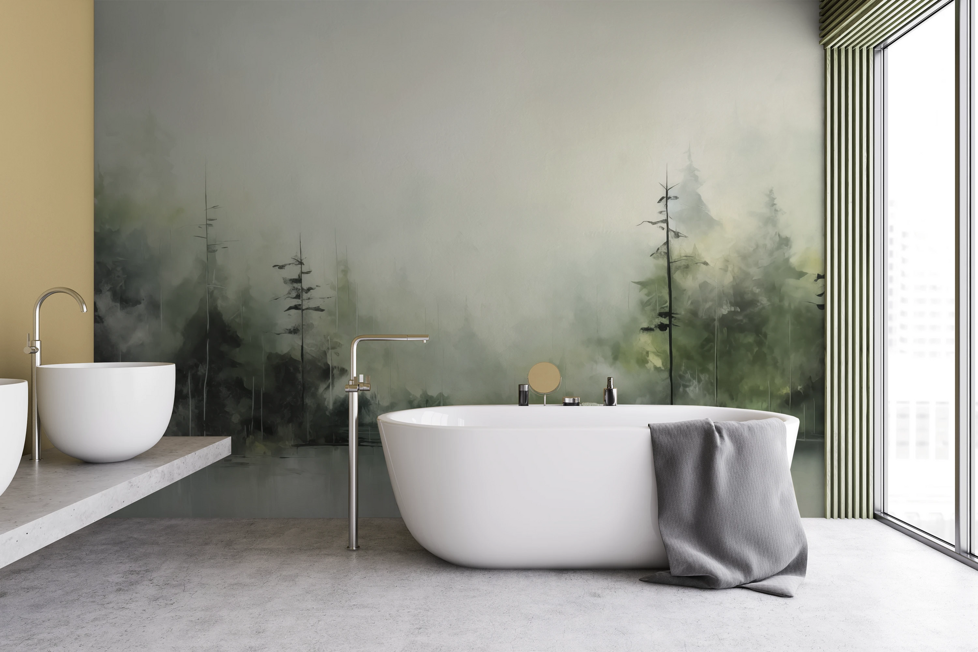 Zdjęcie prezentuje aranżację wnętrza z użyciem fototapety o nazwie Mglisty Las pokazanej w aranżacji wnętrza.