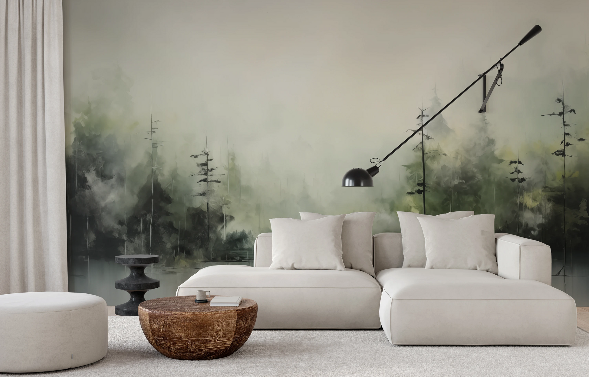 Wzór fototapety o nazwie Mglisty Las pokazanej w kontekście pomieszczenia.