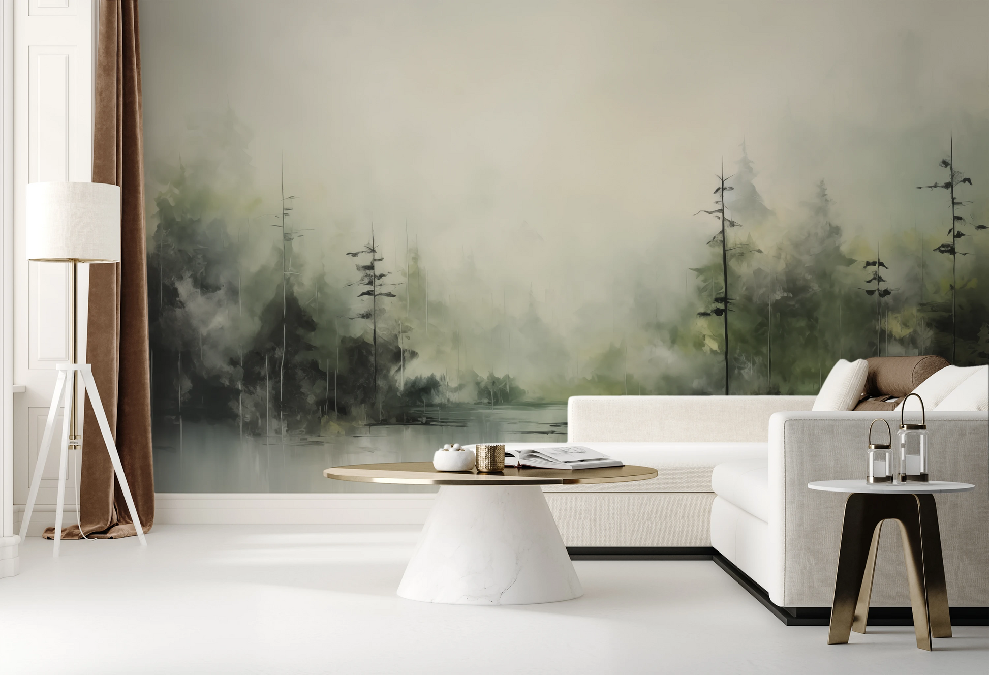 Fototapeta malowana o nazwie Mglisty Las pokazana w aranżacji wnętrza.