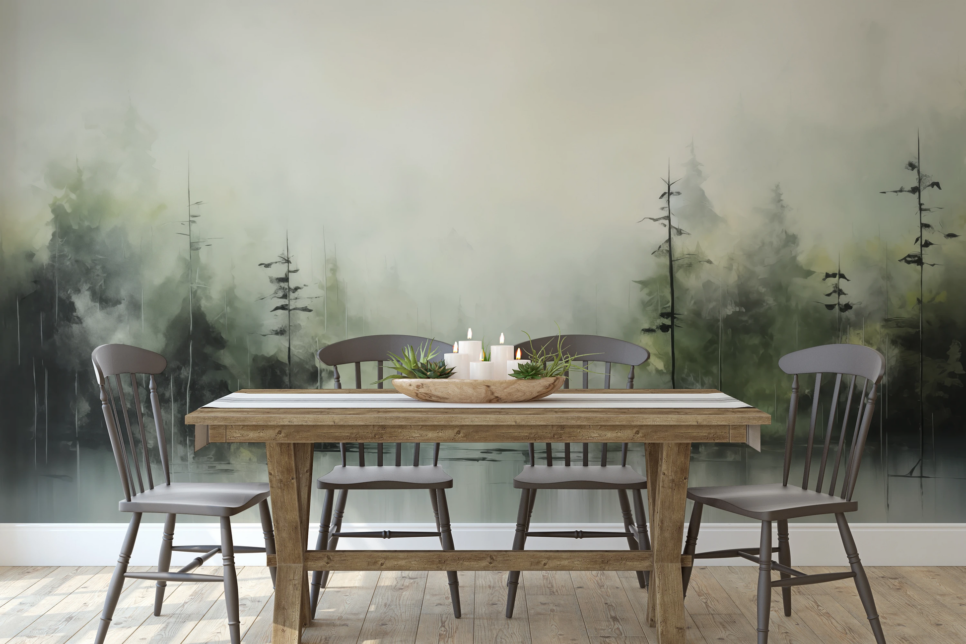 Wzór fototapety malowanej o nazwie Mglisty Las pokazanej w aranżacji wnętrza.