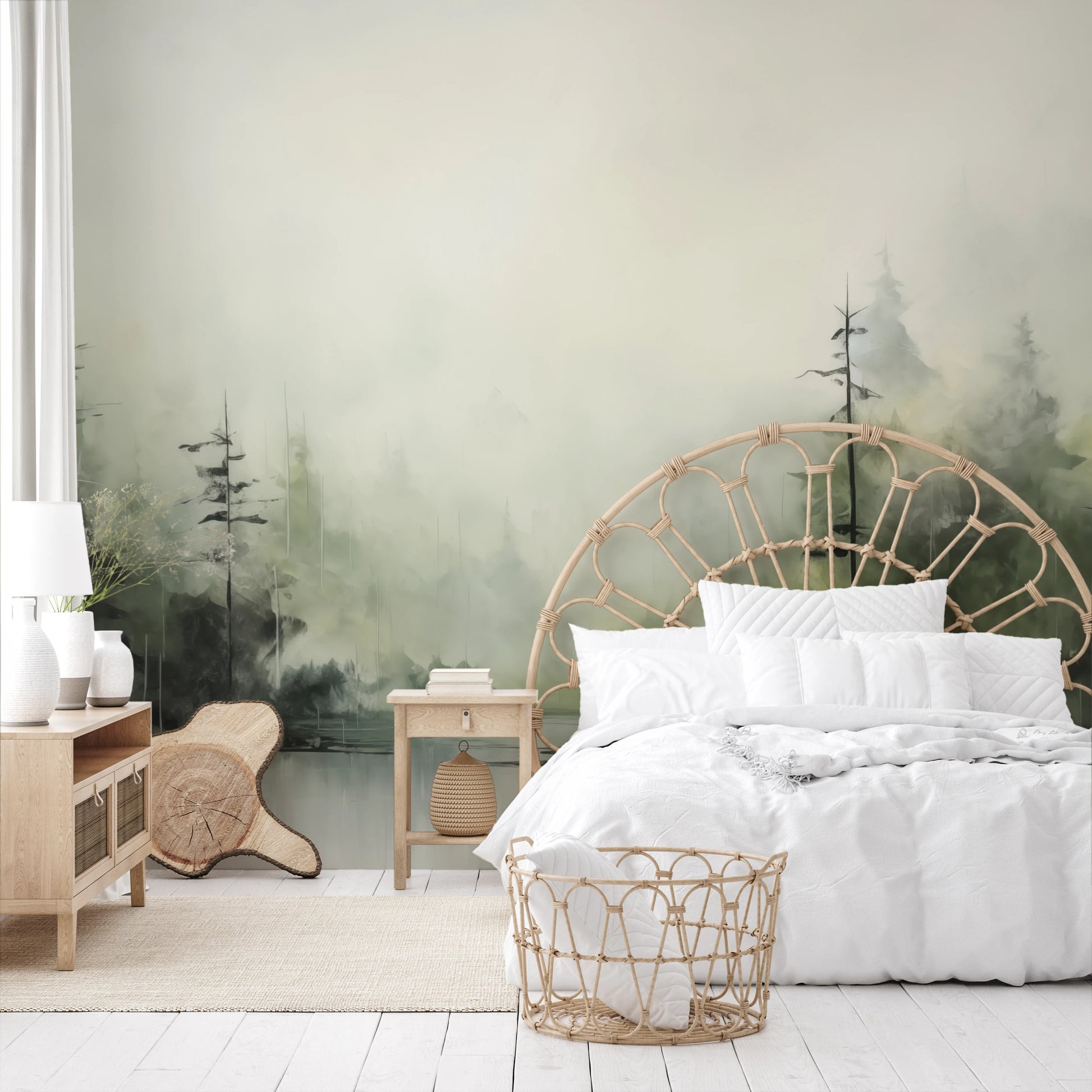 Wzór fototapety artystycznej o nazwie Mglisty Las pokazanej w aranżacji wnętrza.