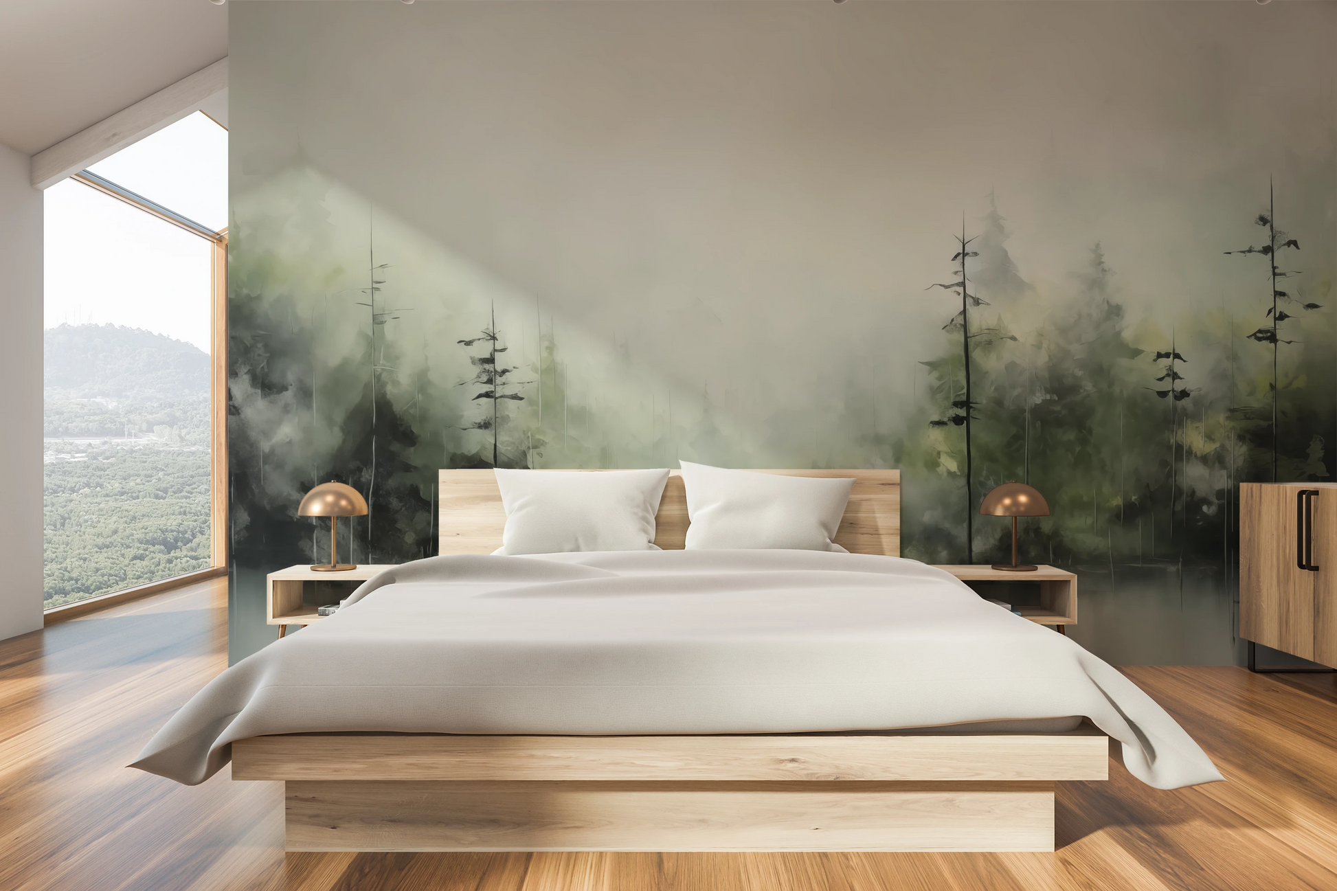 Fototapeta artystyczna o nazwie Mglisty Las pokazana w aranżacji wnętrza.