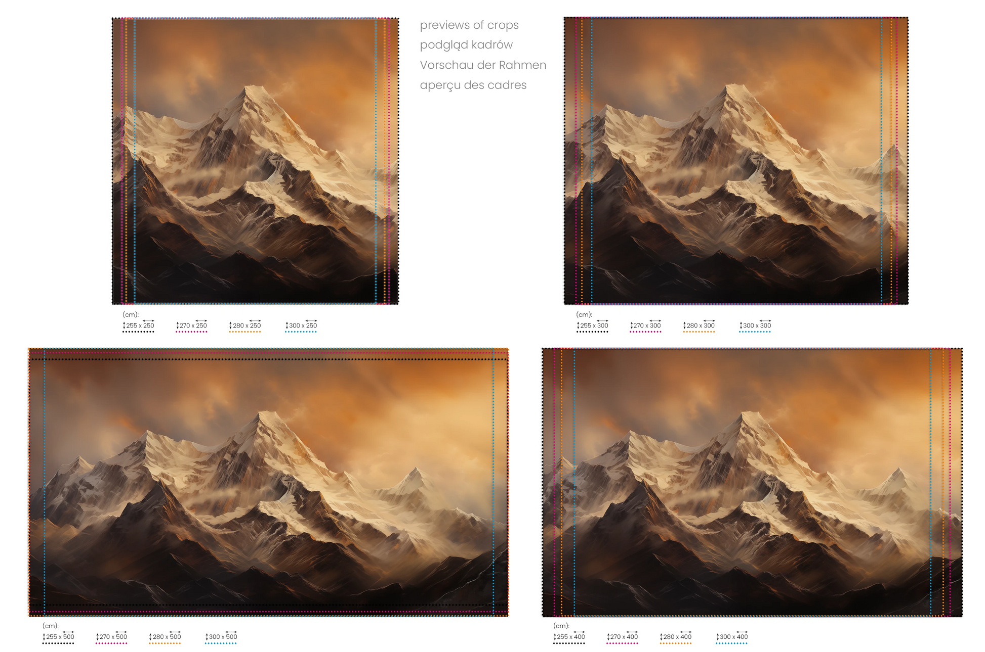 Na obrazie znajduje się prezentacja przykładowych rozmiarów fototapety o nazwie Fiery Peaks. Rozmiar fototapety jest dowolny.