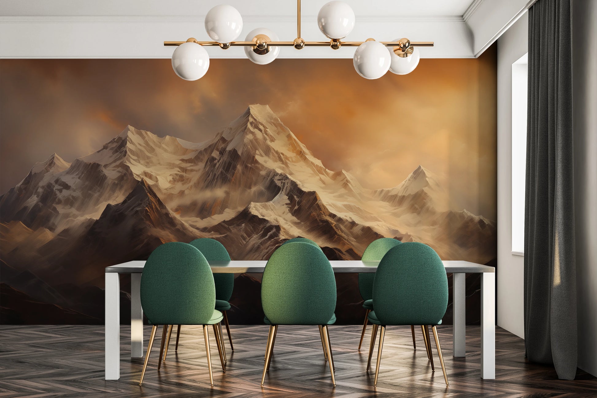 Fototapeta artystyczna o nazwie Fiery Peaks pokazana w aranżacji wnętrza.