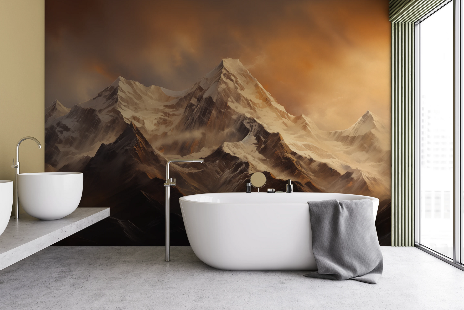 Zdjęcie prezentuje aranżację wnętrza z użyciem fototapety o nazwie Fiery Peaks pokazanej w aranżacji wnętrza.