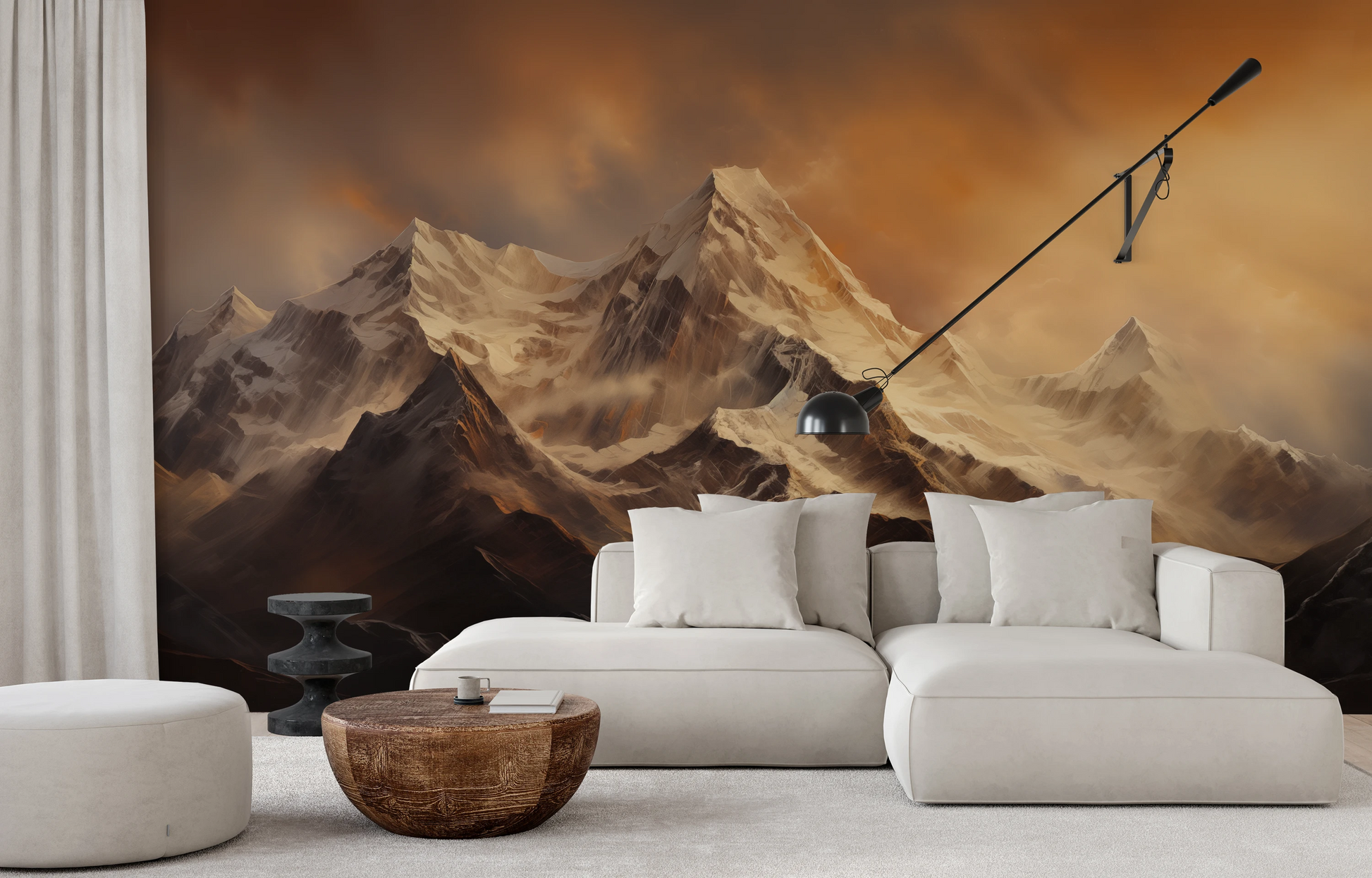 Wzór fototapety o nazwie Fiery Peaks pokazanej w kontekście pomieszczenia.