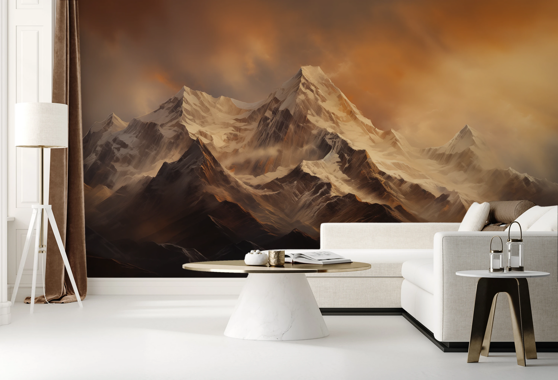 Wzór fototapety artystycznej o nazwie Fiery Peaks pokazanej w aranżacji wnętrza.