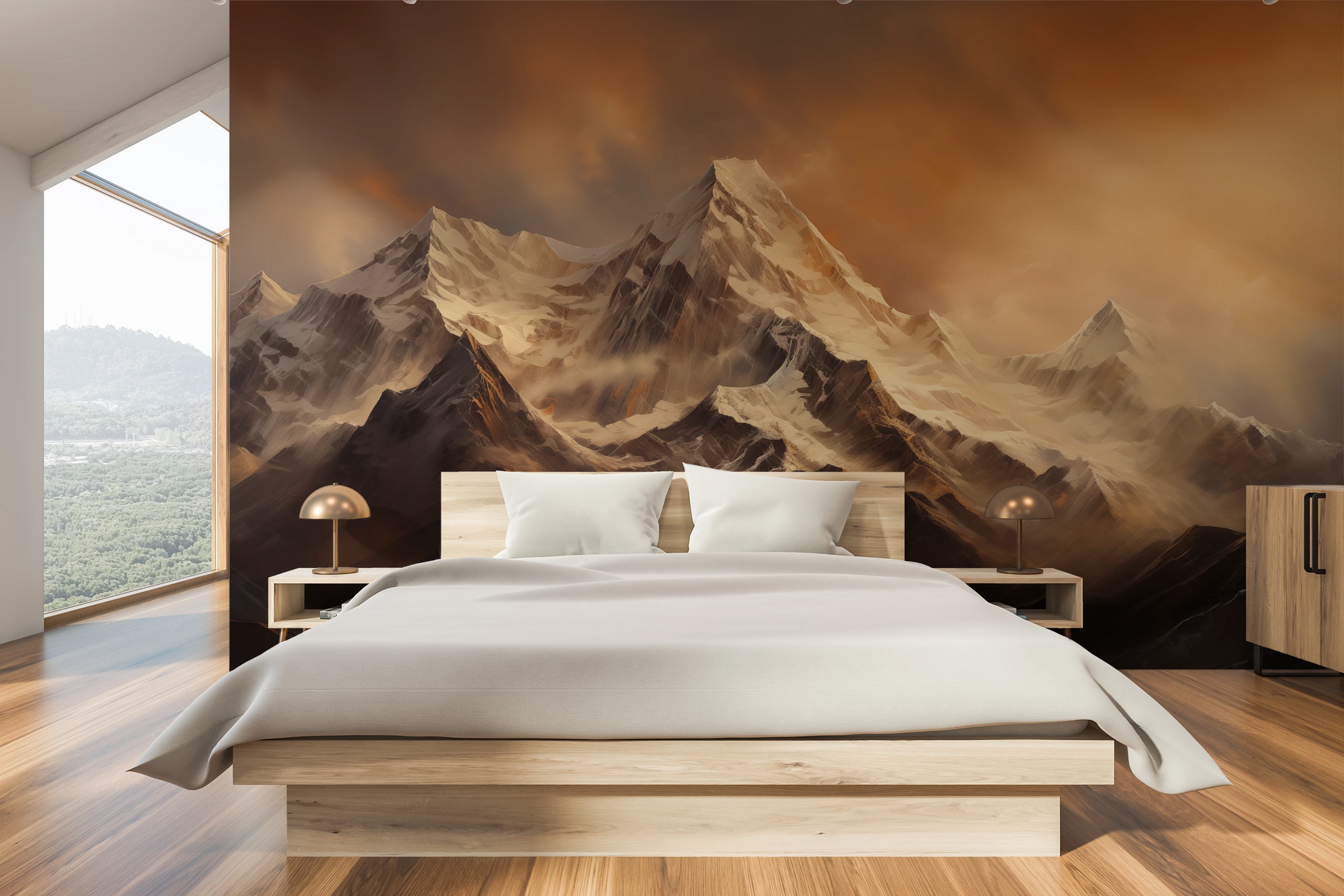 Wzór fototapety malowanej o nazwie Fiery Peaks pokazanej w aranżacji wnętrza.