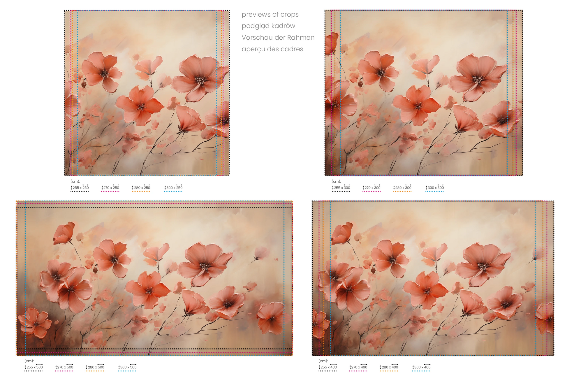 Na obrazie znajduje się prezentacja przykładowych rozmiarów fototapety o nazwie Misty Poppies. Rozmiar fototapety jest dowolny.