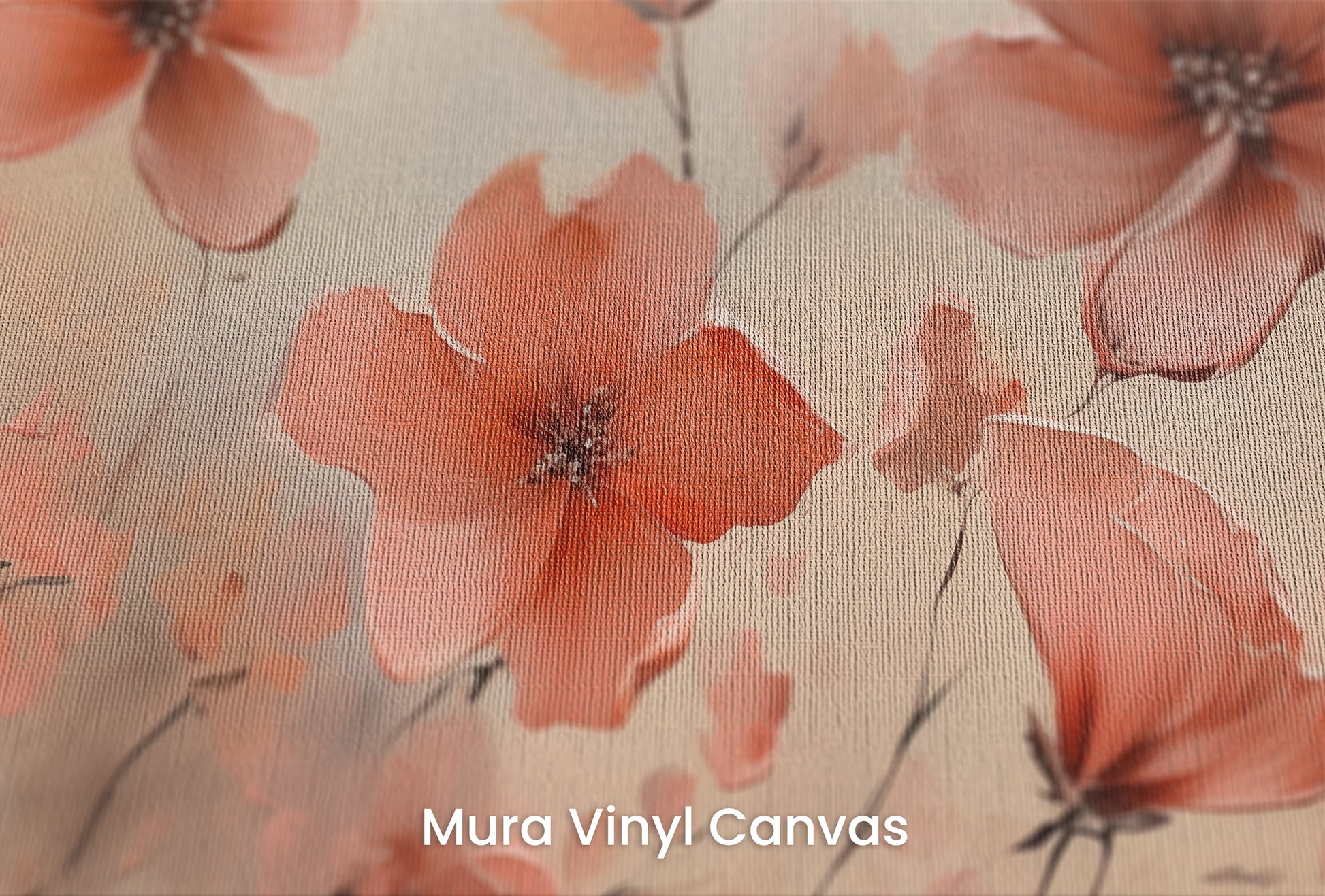 Zbliżenie na artystyczną fototapetę o nazwie Misty Poppies na podłożu Mura Vinyl Canvas - faktura naturalnego płótna.