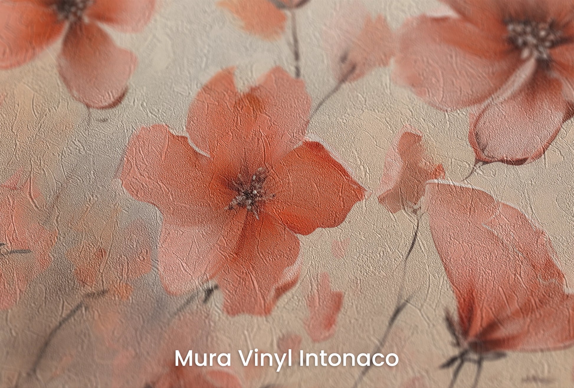 Zbliżenie na artystyczną fototapetę o nazwie Misty Poppies na podłożu Mura Vinyl Intonaco - struktura tartego tynku.