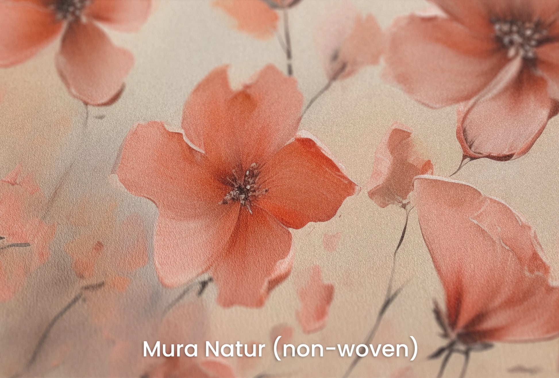 Zbliżenie na artystyczną fototapetę o nazwie Misty Poppies na podłożu Mura Natur (non-woven) - naturalne i ekologiczne podłoże.