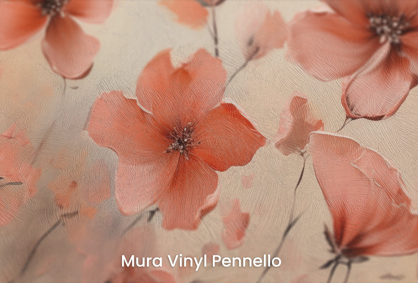 Zbliżenie na artystyczną fototapetę o nazwie Misty Poppies na podłożu Mura Vinyl Pennello - faktura pociągnięć pędzla malarskiego.