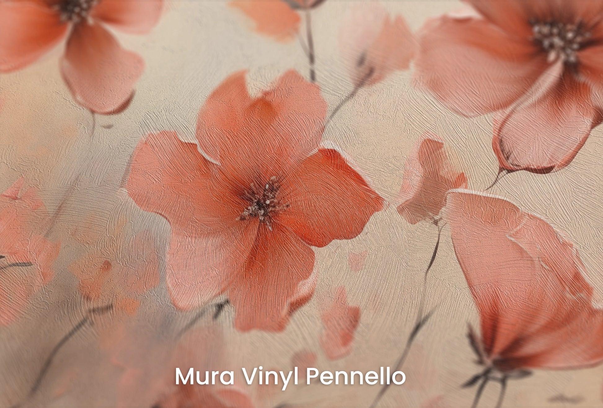 Zbliżenie na artystyczną fototapetę o nazwie Misty Poppies na podłożu Mura Vinyl Pennello - faktura pociągnięć pędzla malarskiego.