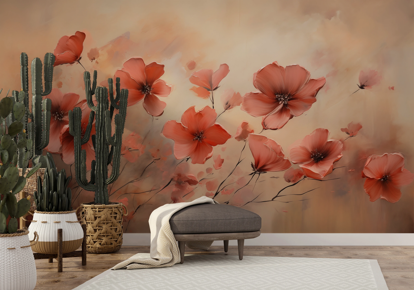 Wzór fototapety artystycznej o nazwie Misty Poppies pokazanej w aranżacji wnętrza.