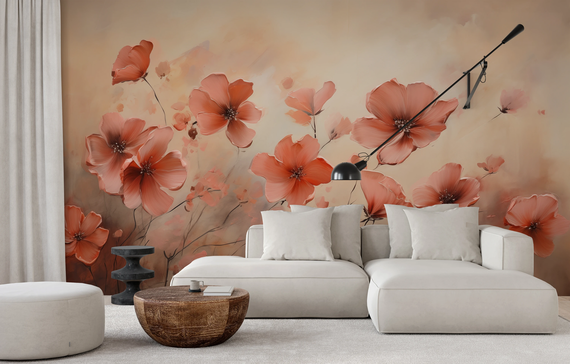 Wzór fototapety o nazwie Misty Poppies pokazanej w kontekście pomieszczenia.