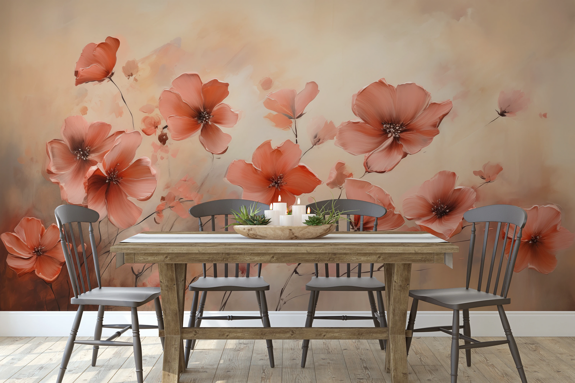 Fototapeta artystyczna o nazwie Misty Poppies pokazana w aranżacji wnętrza.