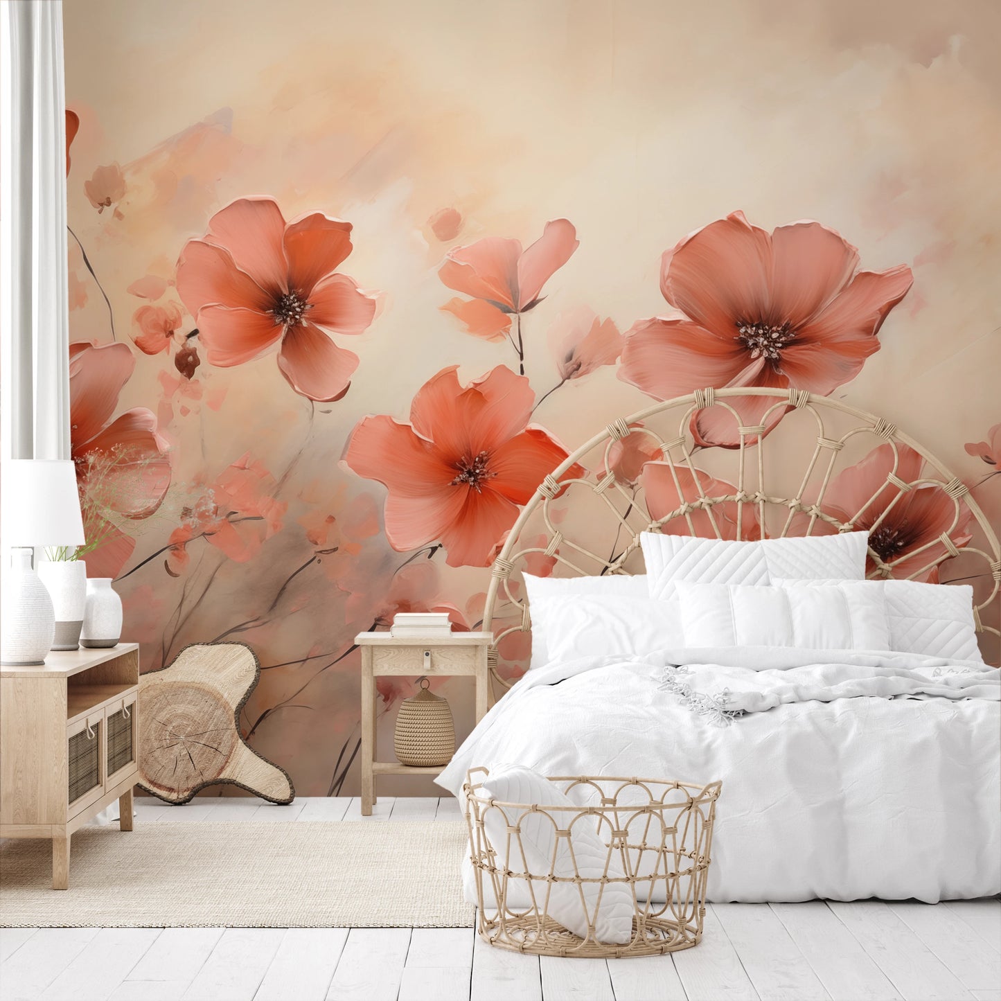 Wzór fototapety malowanej o nazwie Misty Poppies pokazanej w aranżacji wnętrza.