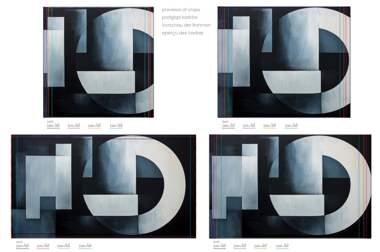 Na obrazie znajduje się prezentacja przykładowych rozmiarów fototapety o nazwie Monochrome Geometry #2. Rozmiar fototapety jest dowolny.