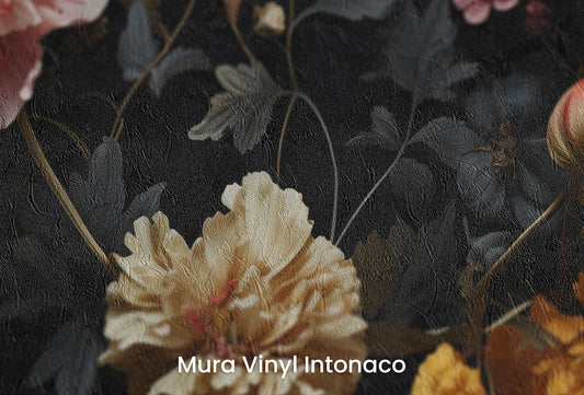 Zbliżenie na artystyczną fototapetę o nazwie Nocturnal Blooms na podłożu Mura Vinyl Intonaco - struktura tartego tynku.