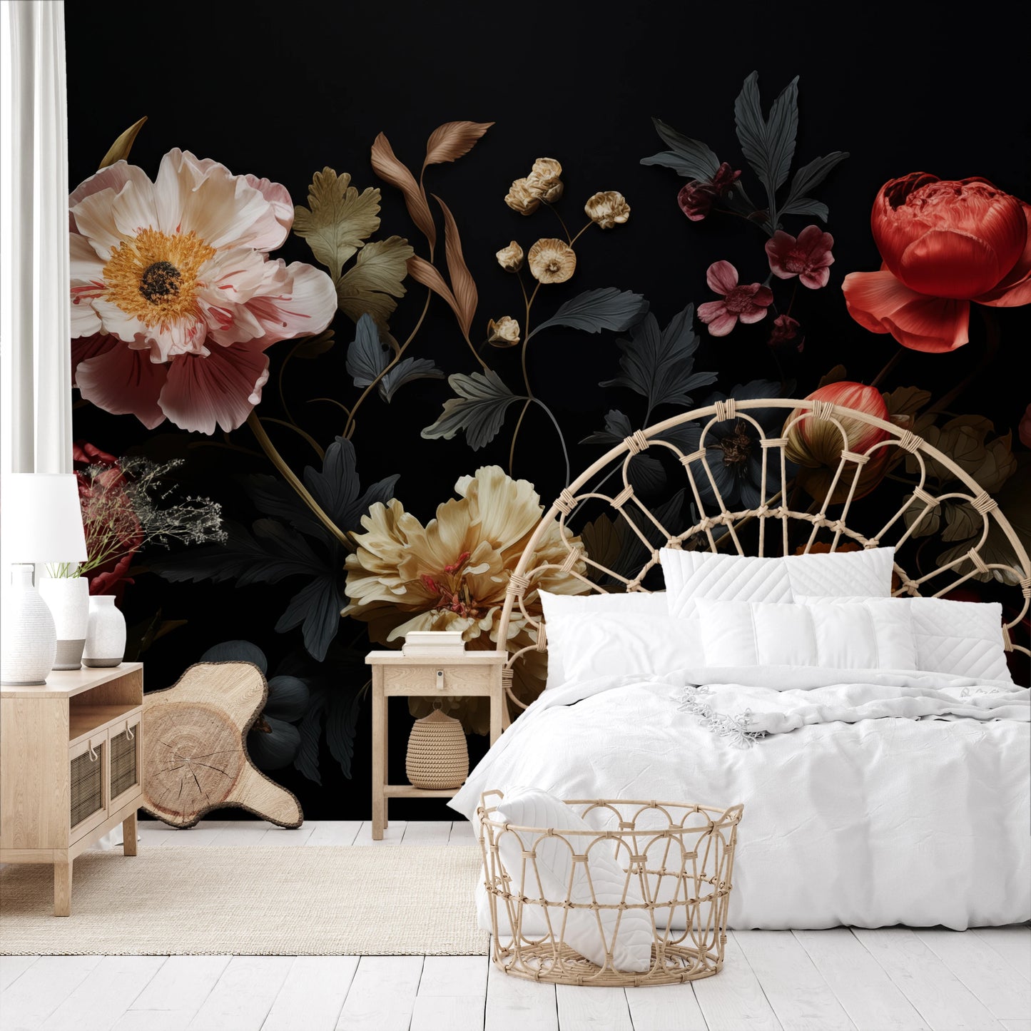 Wzór fototapety artystycznej o nazwie Nocturnal Blooms pokazanej w aranżacji wnętrza.