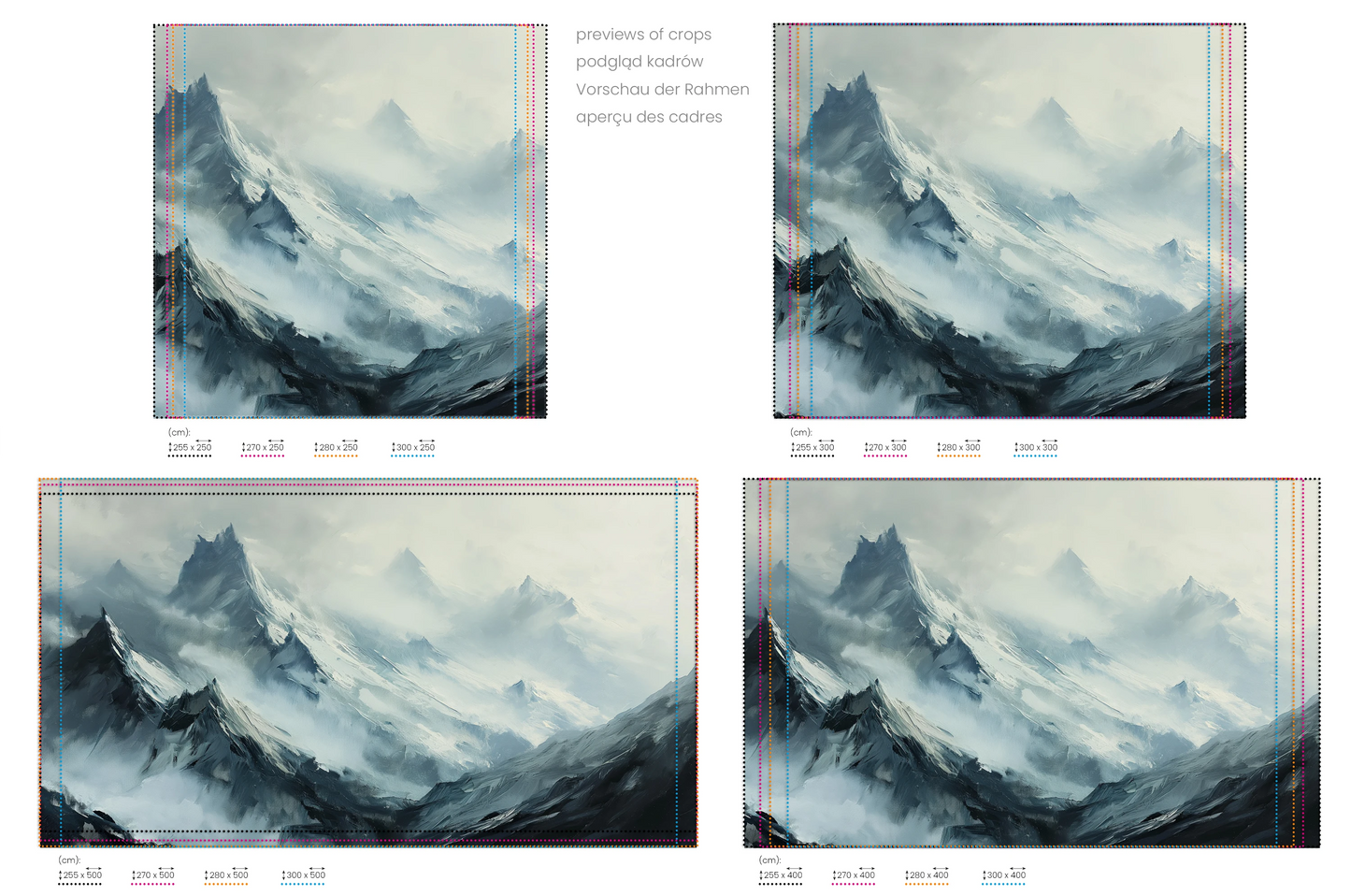 Na obrazie znajduje się prezentacja przykładowych rozmiarów fototapety o nazwie Mystical Ridges. Rozmiar fototapety jest dowolny.