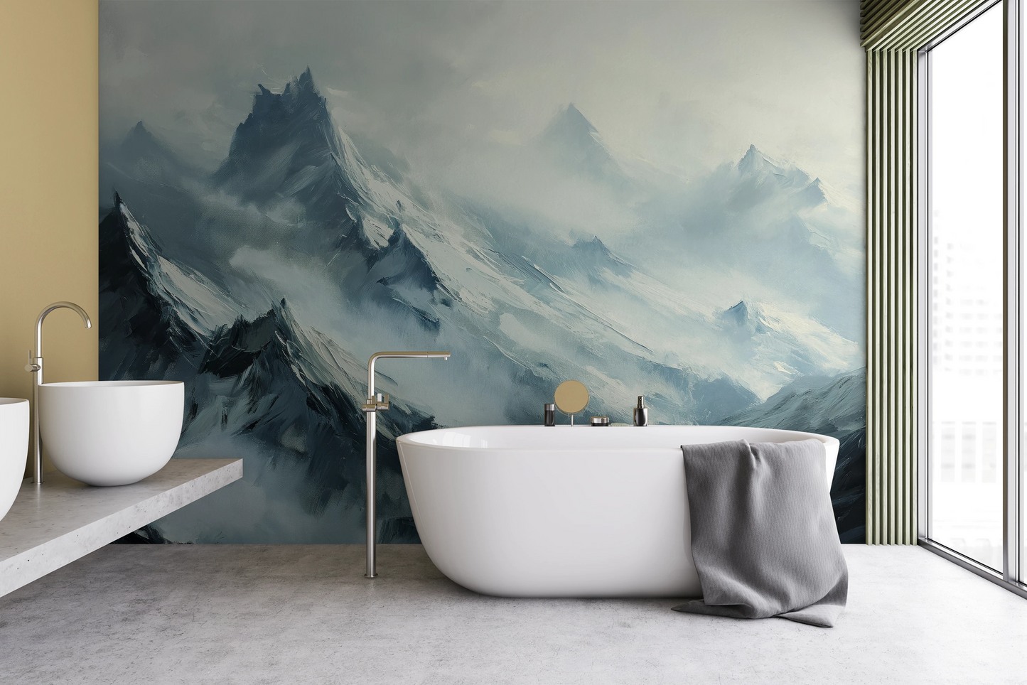 Zdjęcie prezentuje aranżację wnętrza z użyciem fototapety o nazwie Mystical Ridges pokazanej w aranżacji wnętrza.