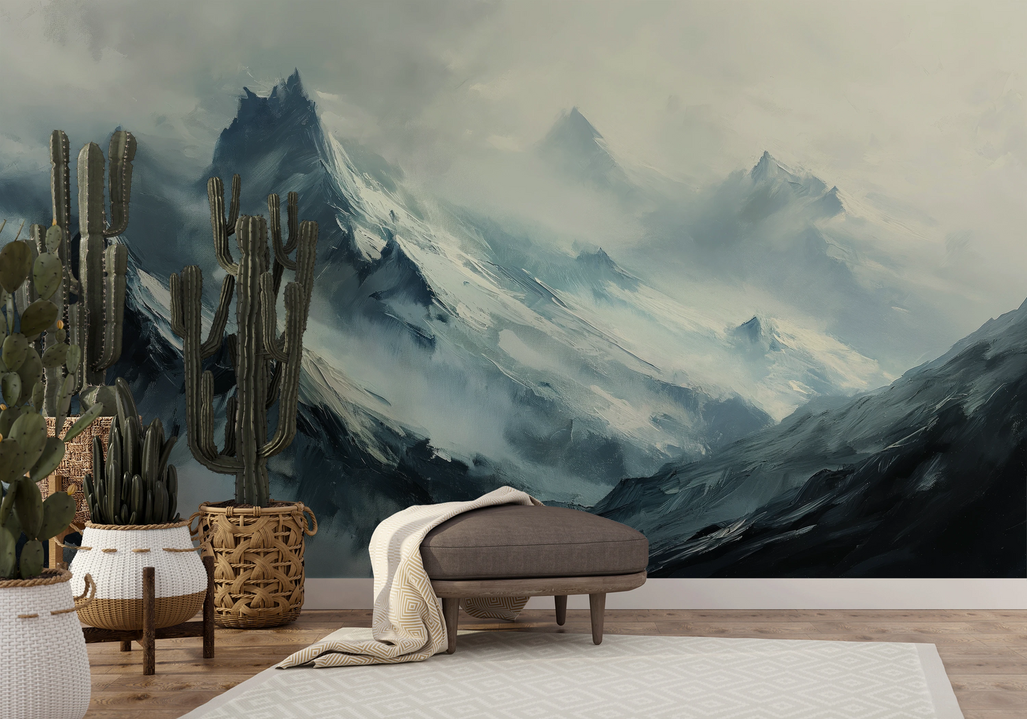 Wzór fototapety malowanej o nazwie Mystical Ridges pokazanej w aranżacji wnętrza.