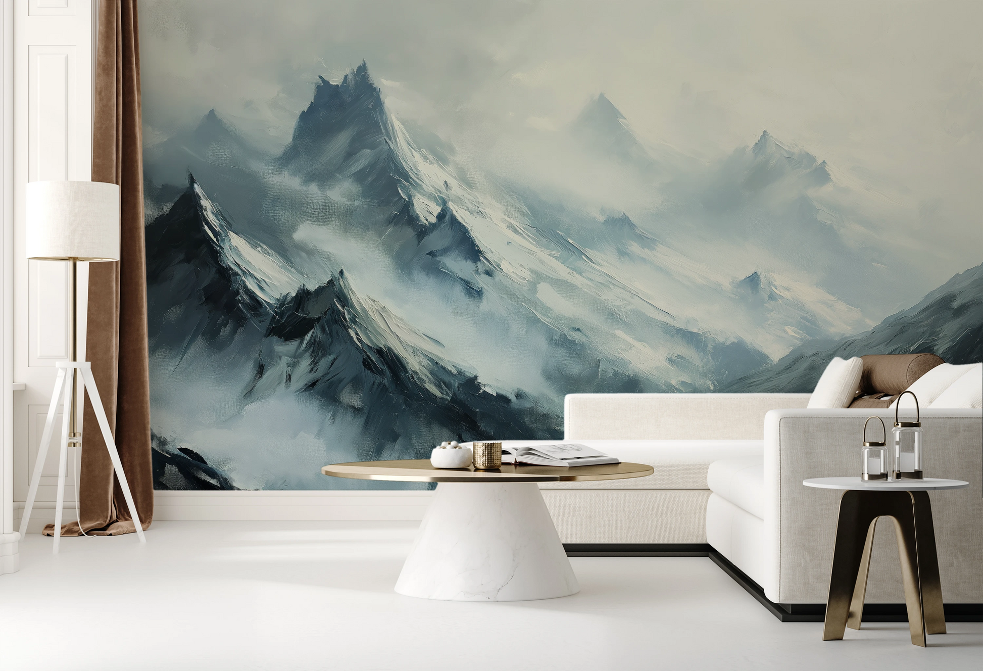 Wzór fototapety artystycznej o nazwie Mystical Ridges pokazanej w aranżacji wnętrza.