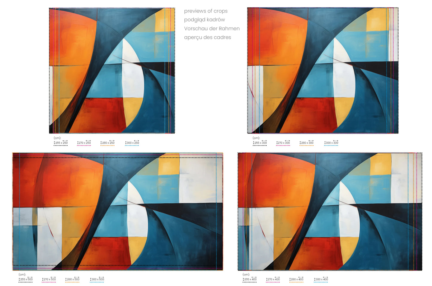 Na obrazie znajduje się prezentacja przykładowych rozmiarów fototapety o nazwie Vibrant Abstraction. Rozmiar fototapety jest dowolny.