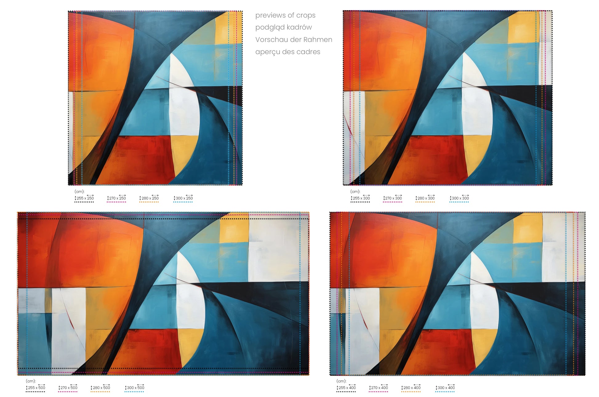 Na obrazie znajduje się prezentacja przykładowych rozmiarów fototapety o nazwie Vibrant Abstraction. Rozmiar fototapety jest dowolny.