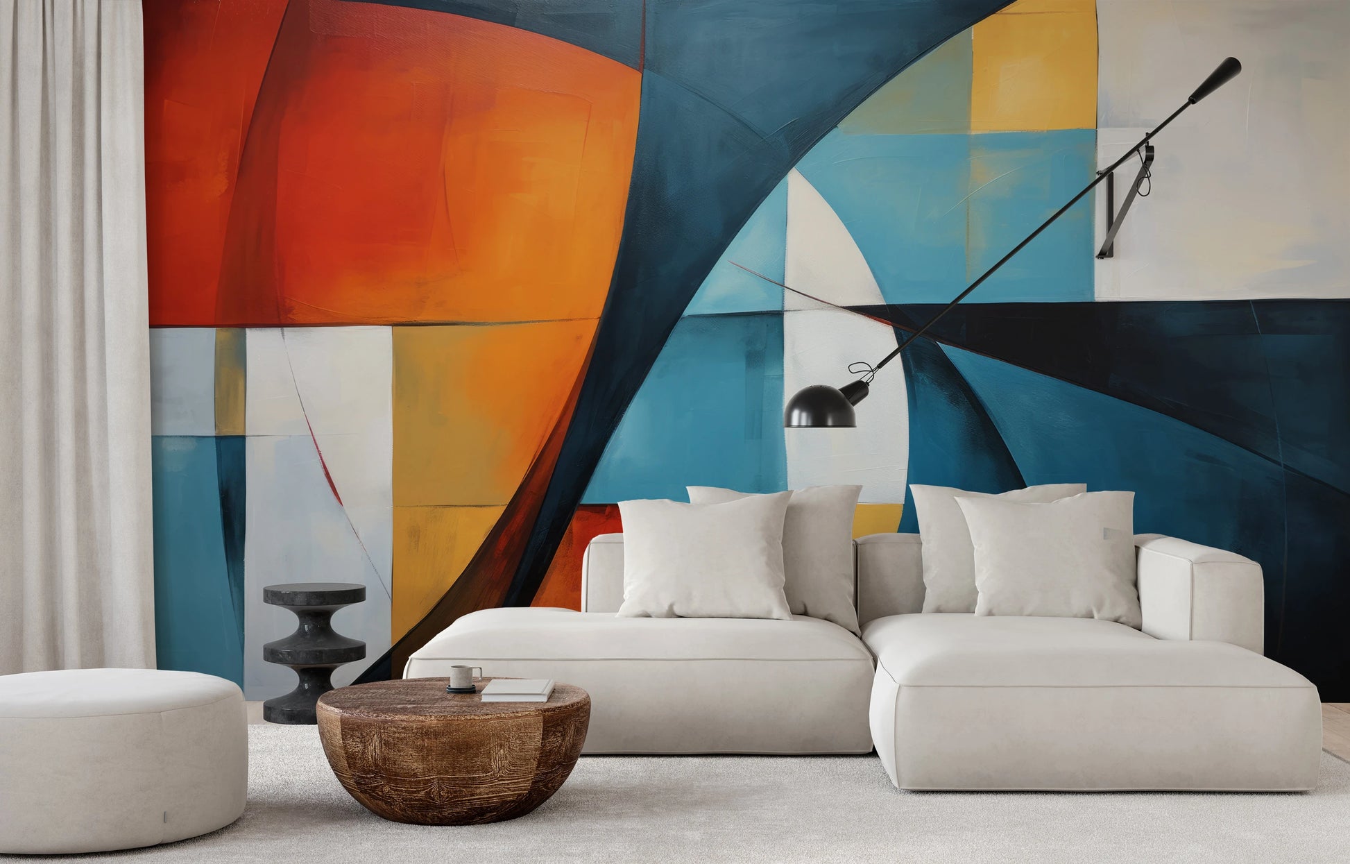 Zdjęcie prezentuje aranżację wnętrza z użyciem fototapety o nazwie Vibrant Abstraction pokazanej w aranżacji wnętrza.