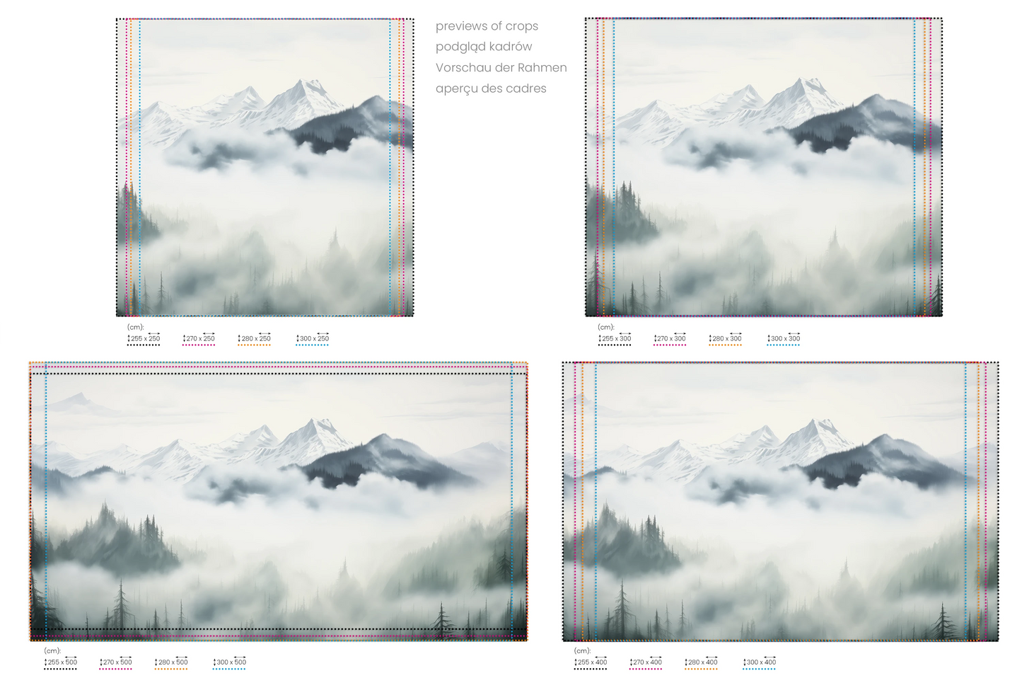 Na obrazie znajduje się prezentacja przykładowych rozmiarów fototapety o nazwie Ethereal Mountain Whisper. Rozmiar fototapety jest dowolny.