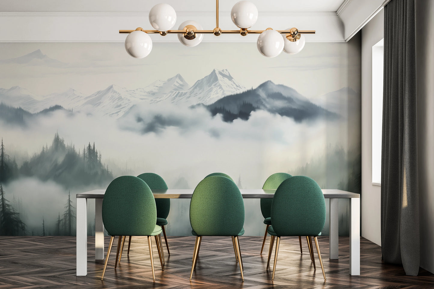 Zdjęcie prezentuje aranżację wnętrza z użyciem fototapety o nazwie Ethereal Mountain Whisper pokazanej w aranżacji wnętrza.