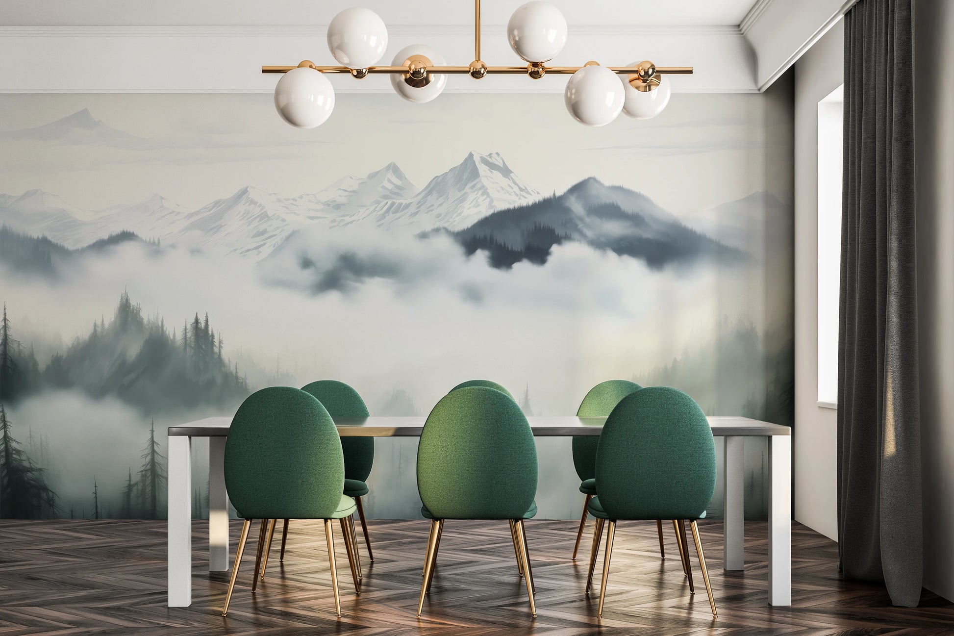 Zdjęcie prezentuje aranżację wnętrza z użyciem fototapety o nazwie Ethereal Mountain Whisper pokazanej w aranżacji wnętrza.