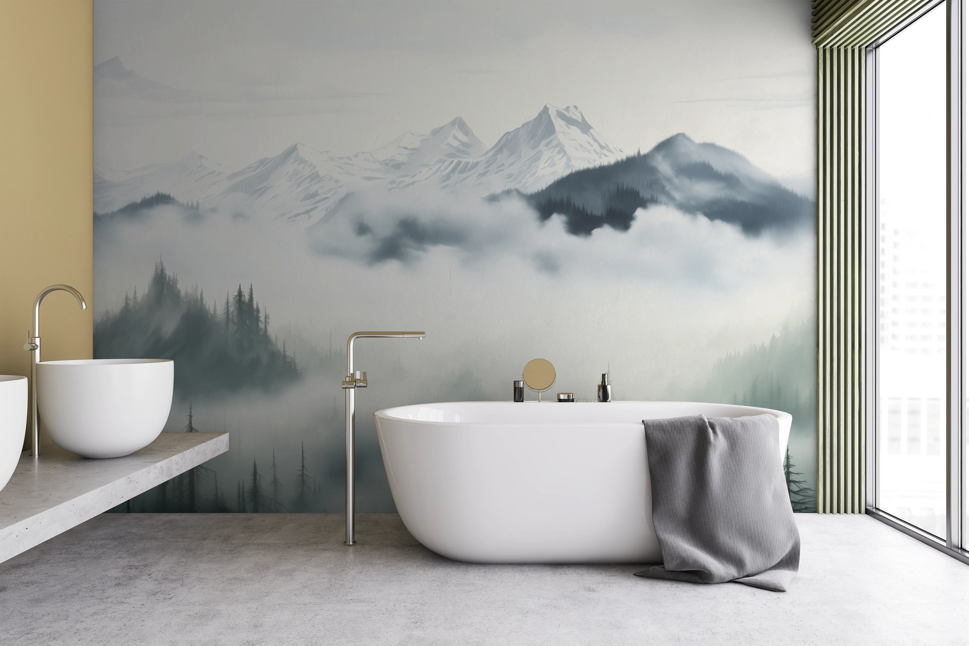 Wzór fototapety artystycznej o nazwie Ethereal Mountain Whisper pokazanej w aranżacji wnętrza.