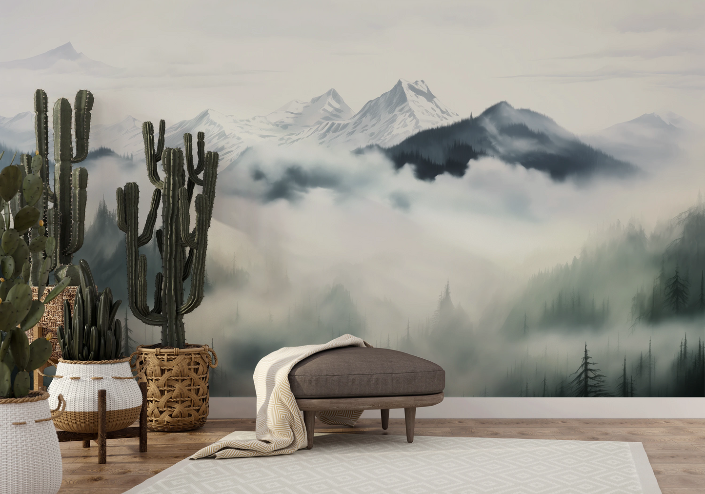 Wzór fototapety artystycznej o nazwie Ethereal Mountain Whisper pokazanej w aranżacji wnętrza.
