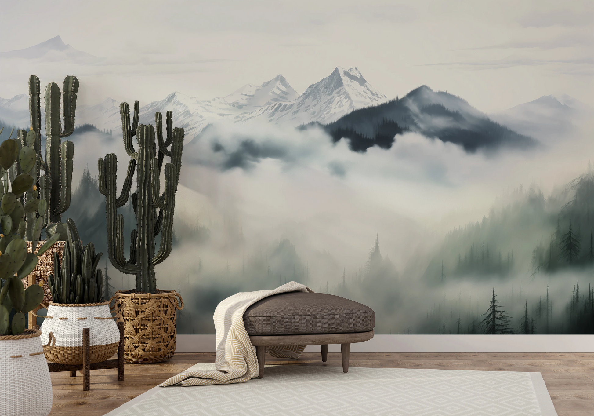 Wzór fototapety artystycznej o nazwie Ethereal Mountain Whisper pokazanej w aranżacji wnętrza.
