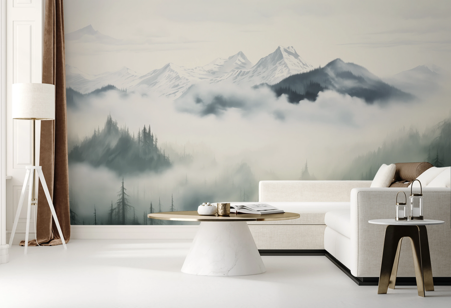 Wzór fototapety malowanej o nazwie Ethereal Mountain Whisper pokazanej w aranżacji wnętrza.