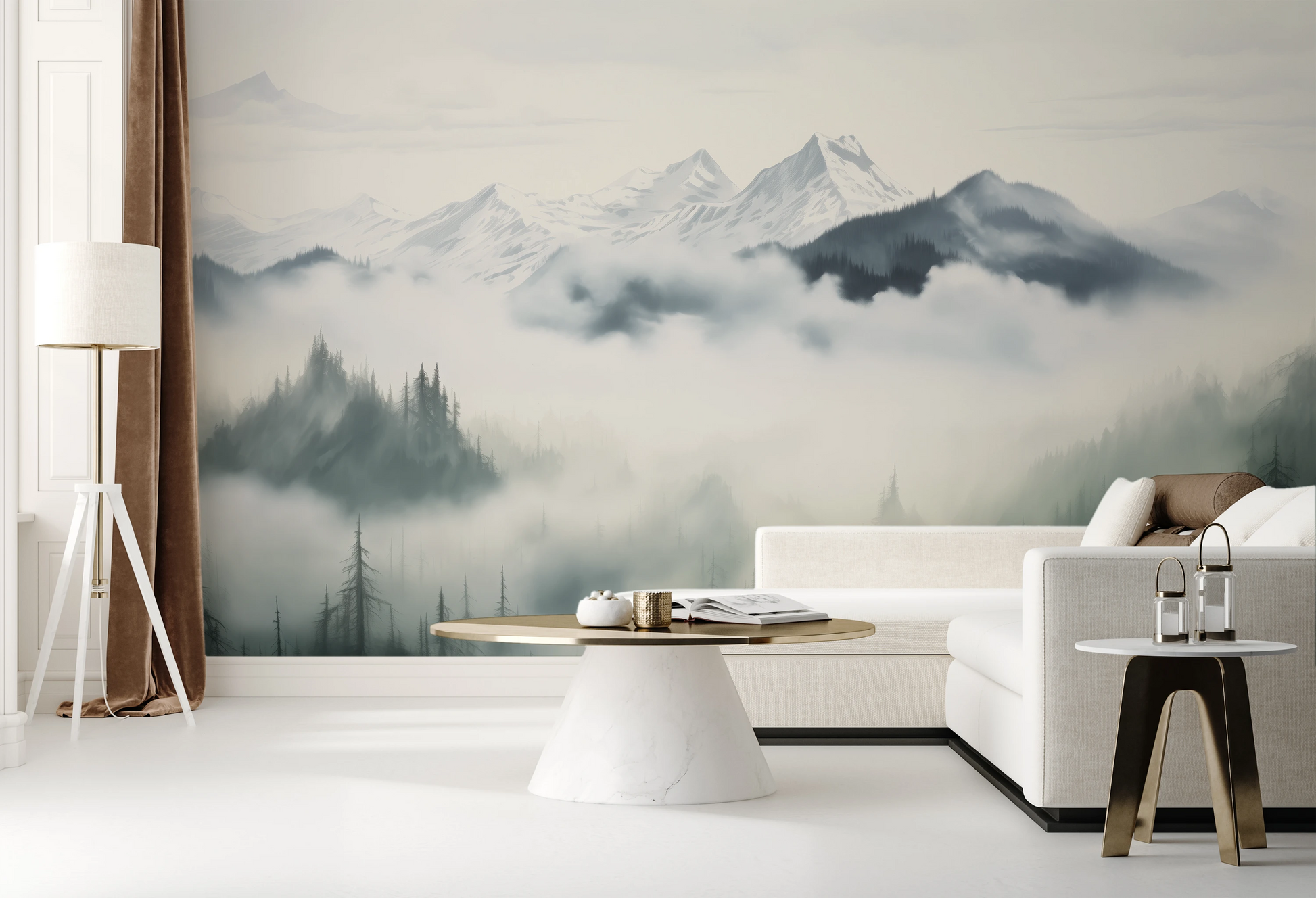 Wzór fototapety malowanej o nazwie Ethereal Mountain Whisper pokazanej w aranżacji wnętrza.