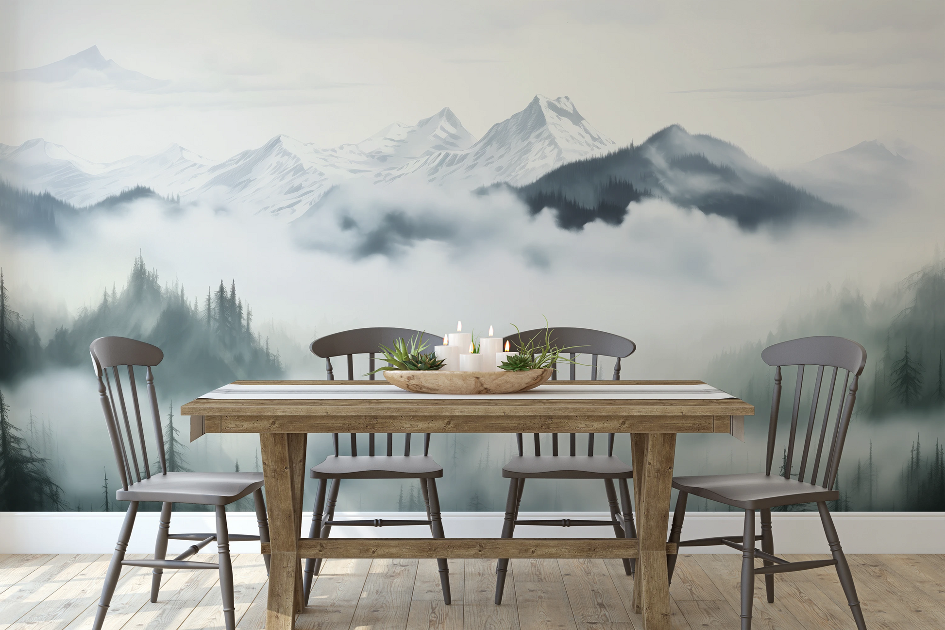 Fototapeta artystyczna o nazwie Ethereal Mountain Whisper pokazana w aranżacji wnętrza.