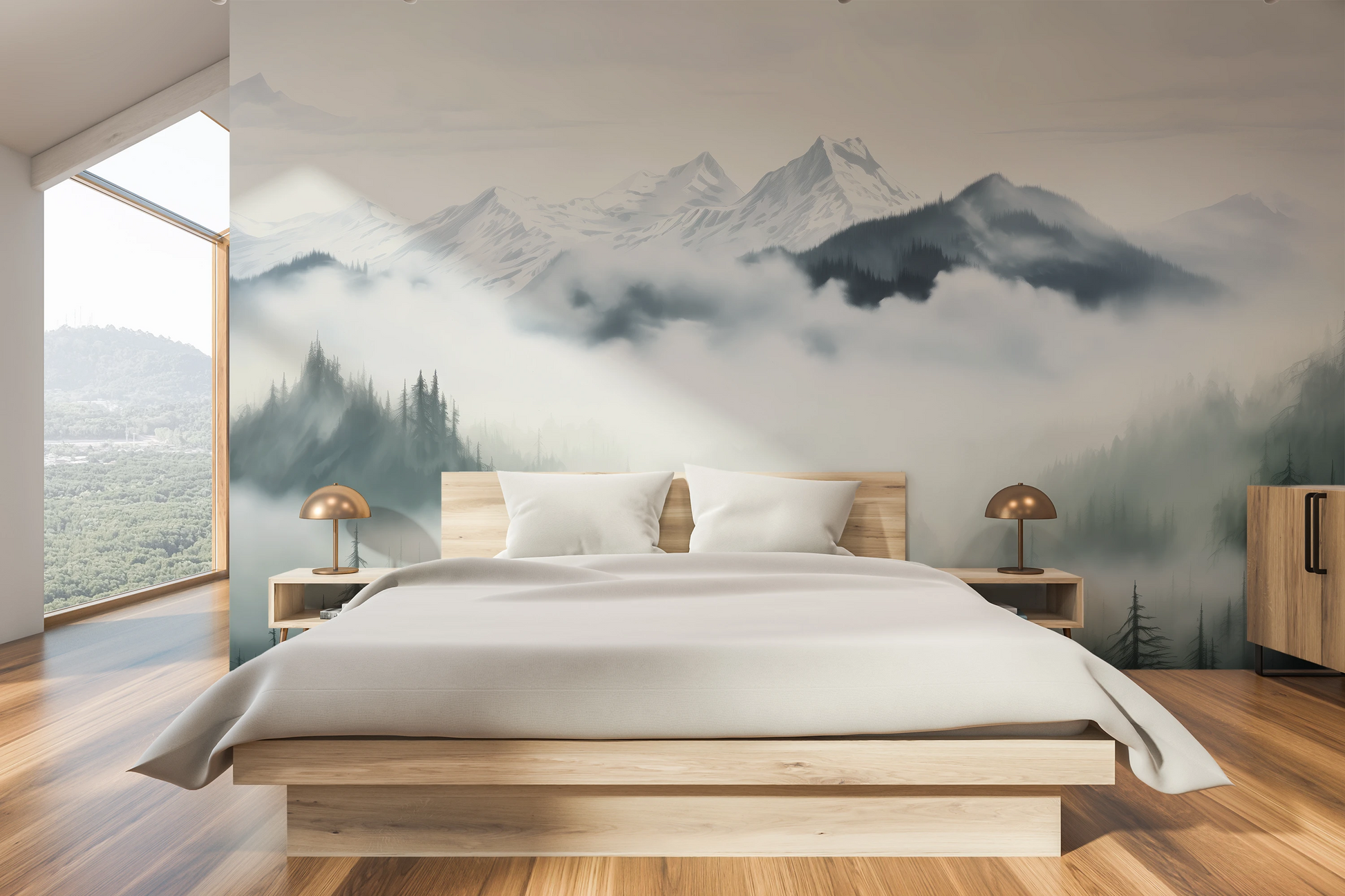 Wzór fototapety o nazwie Ethereal Mountain Whisper pokazanej w kontekście pomieszczenia.