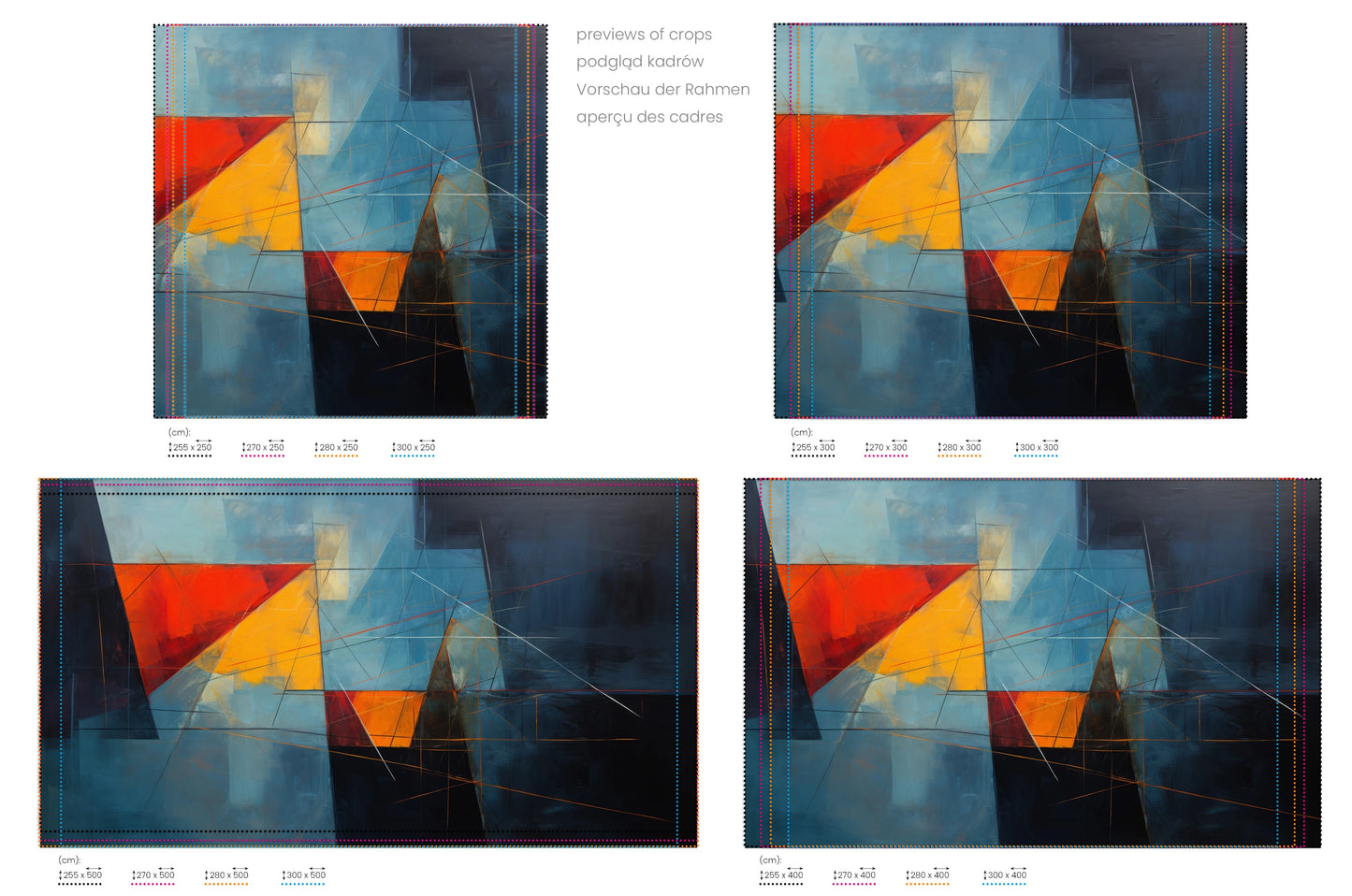 Na obrazie znajduje się prezentacja przykładowych rozmiarów fototapety o nazwie Dark Triangles. Rozmiar fototapety jest dowolny.