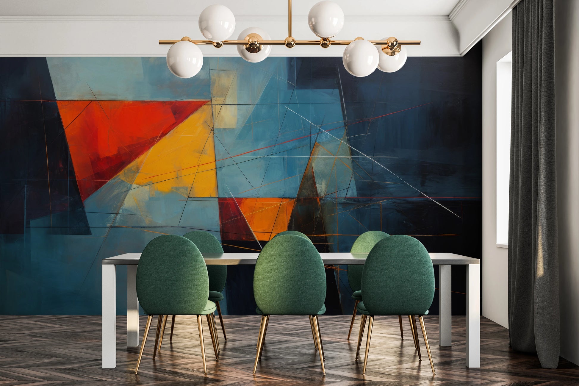 Zdjęcie prezentuje aranżację wnętrza z użyciem fototapety o nazwie Dark Triangles pokazanej w aranżacji wnętrza.