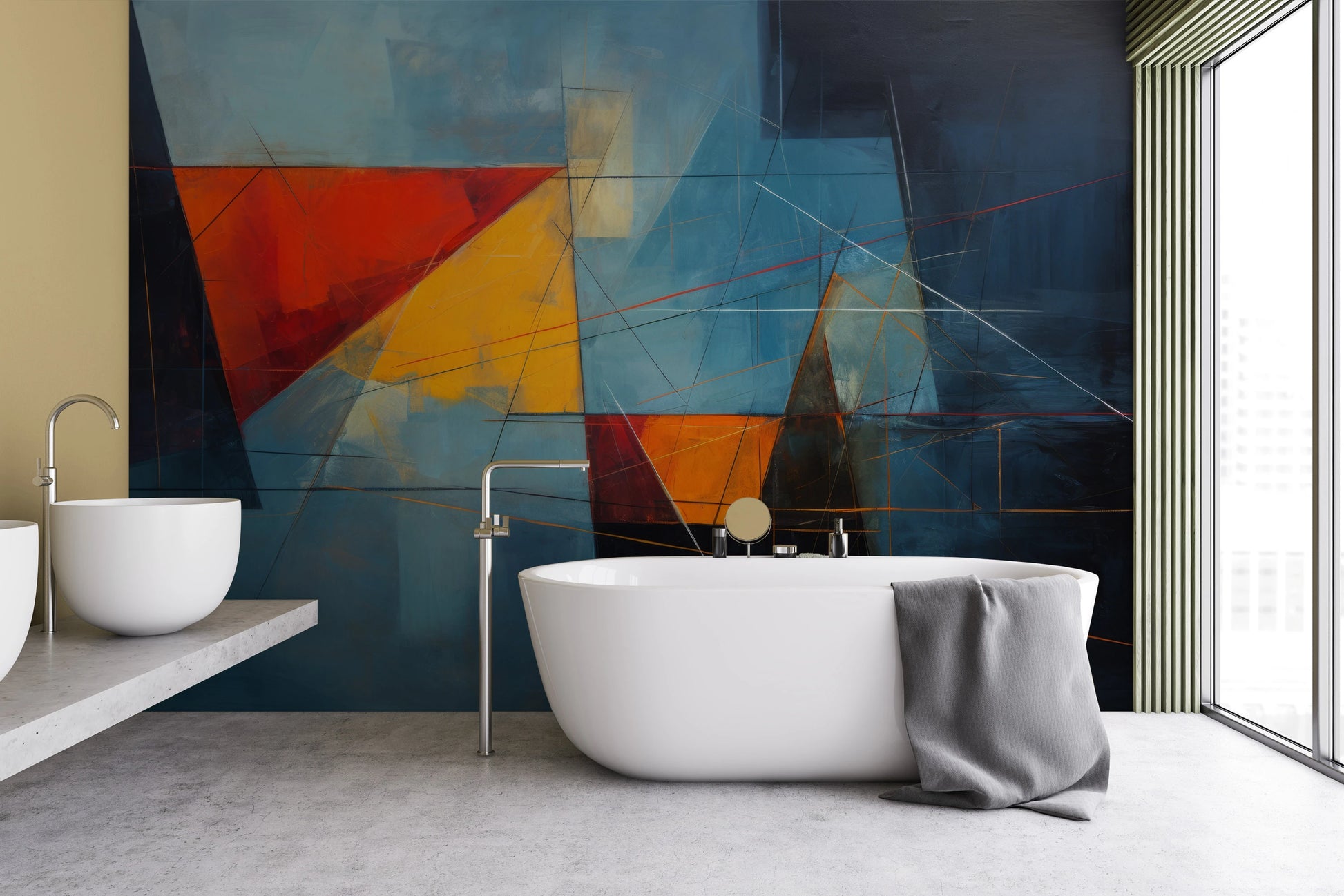 Wzór fototapety o nazwie Dark Triangles pokazanej w kontekście pomieszczenia.