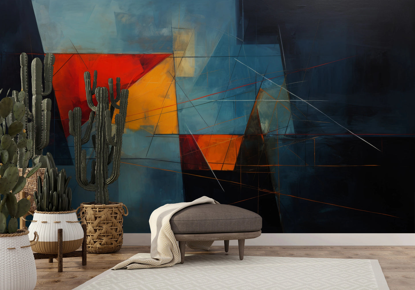 Wzór fototapety malowanej o nazwie Dark Triangles pokazanej w aranżacji wnętrza.