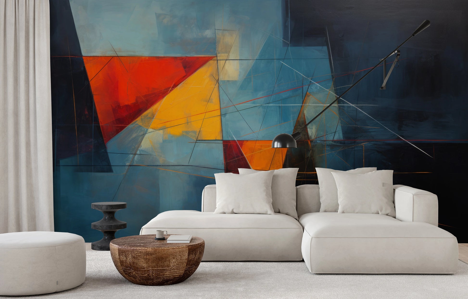 Wzór fototapety artystycznej o nazwie Dark Triangles pokazanej w aranżacji wnętrza.