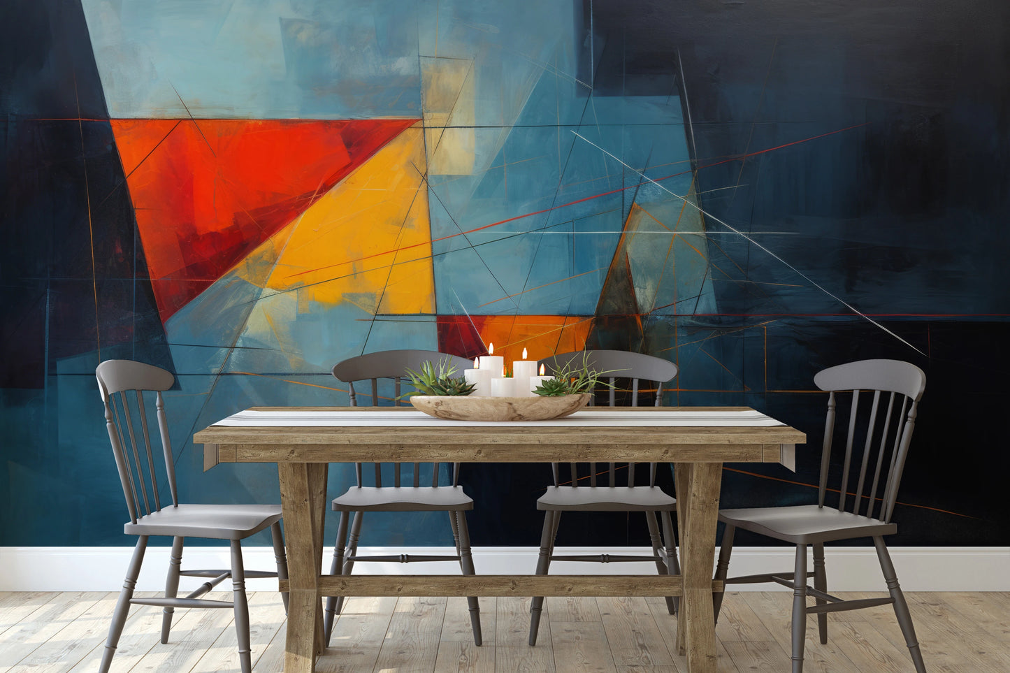 Fototapeta artystyczna o nazwie Dark Triangles pokazana w aranżacji wnętrza.