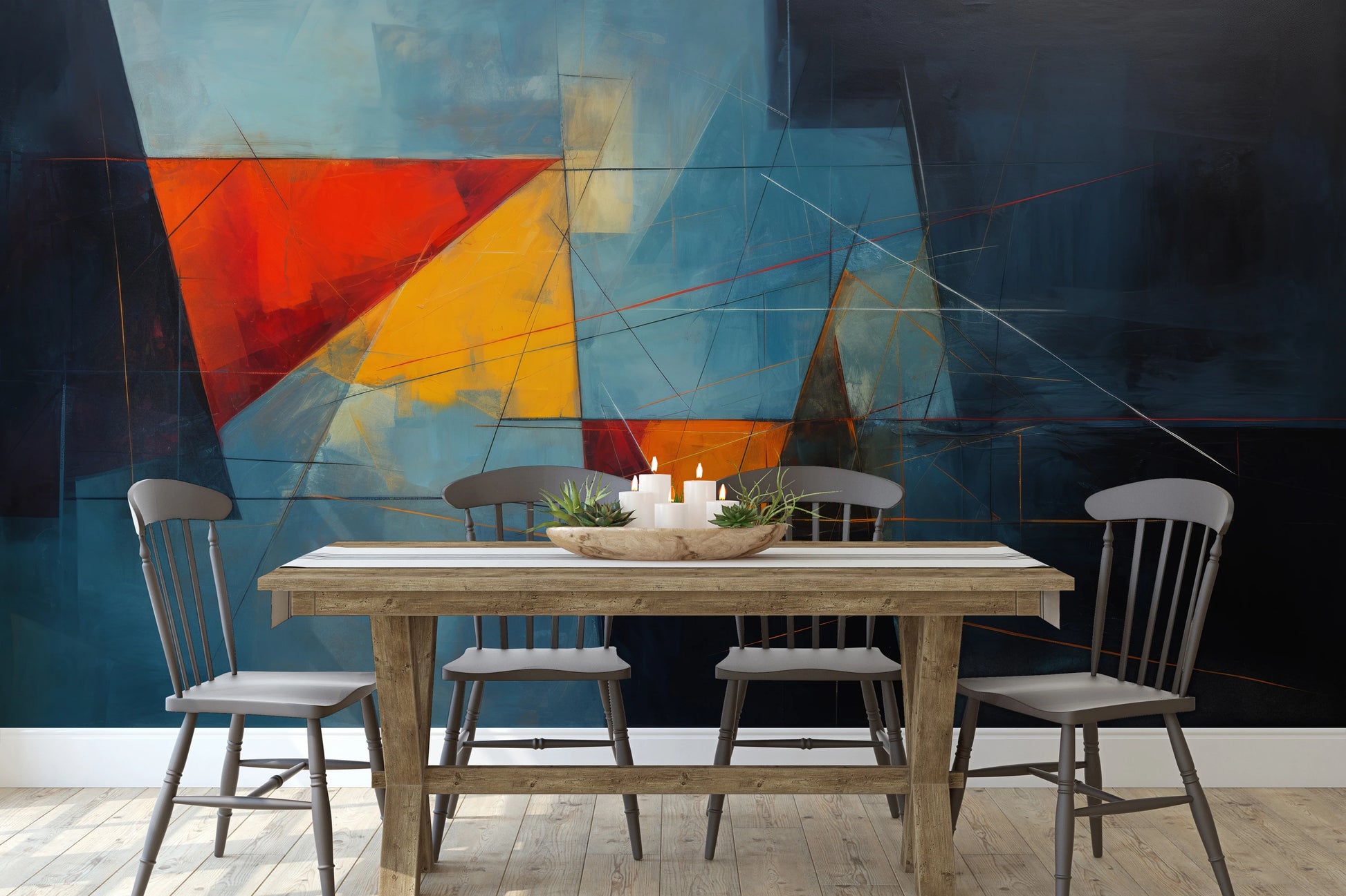 Fototapeta artystyczna o nazwie Dark Triangles pokazana w aranżacji wnętrza.