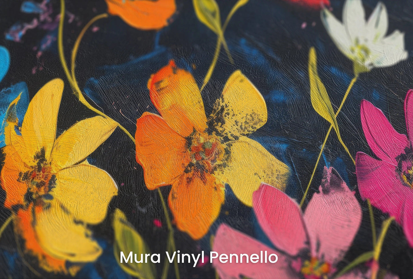 Zbliżenie na artystyczną fototapetę o nazwie Cosmic Garden na podłożu Mura Vinyl Pennello - faktura pociągnięć pędzla malarskiego.